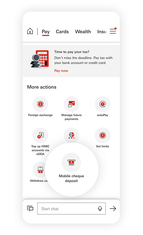 Screenshot of HSBC HK Mobile Banking App; Focus on the "Transfer & Bill Payment" and "Deposit Cheque" options.